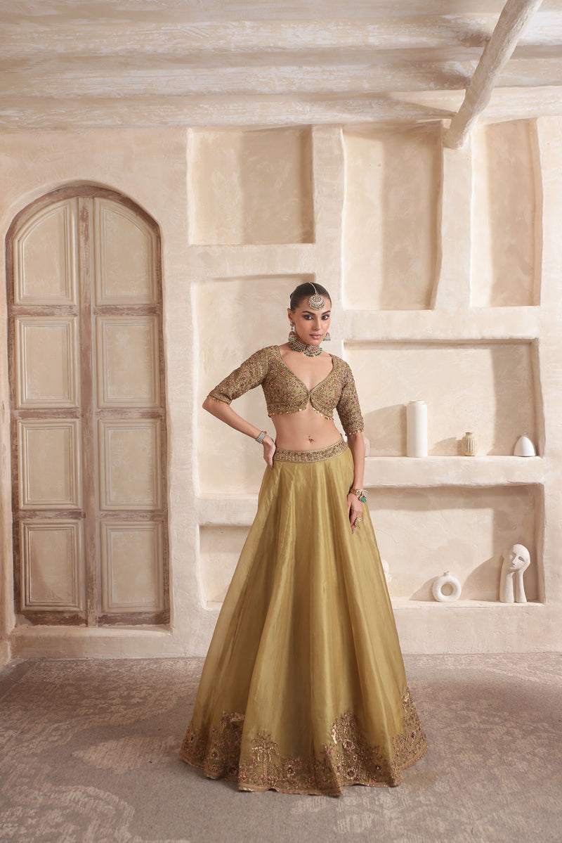 Zar-Rang Olive Green Pakhi Lehenga Set
