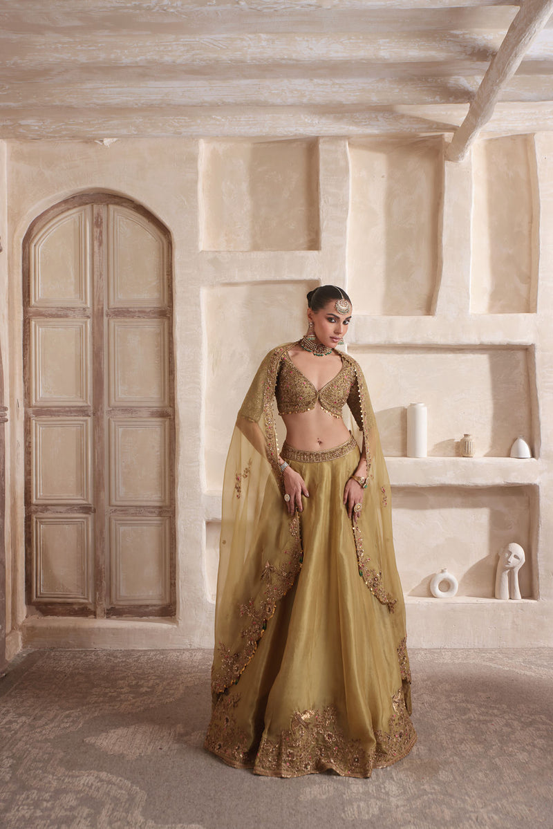Zar-Rang Olive Green Pakhi Lehenga Set