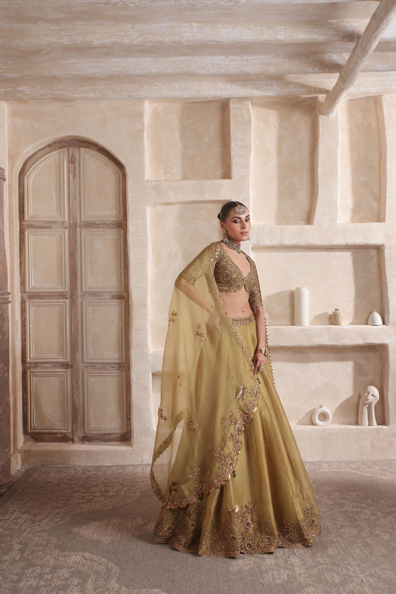 Zar-Rang Olive Green Pakhi Lehenga Set