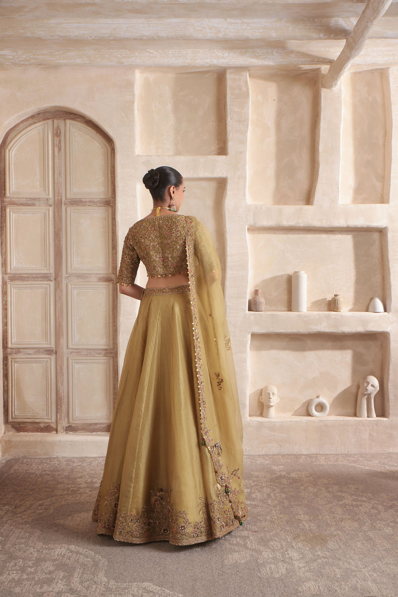 Zar-Rang Olive Green Pakhi Lehenga Set