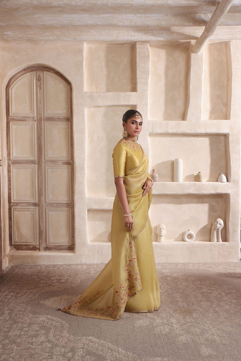 Zar-Rang Olive Green Multicolor Resham Saree Set
