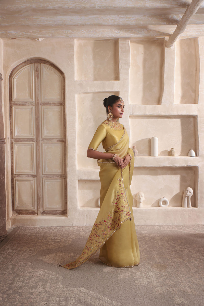 Zar-Rang Olive Green Multicolor Resham Saree Set