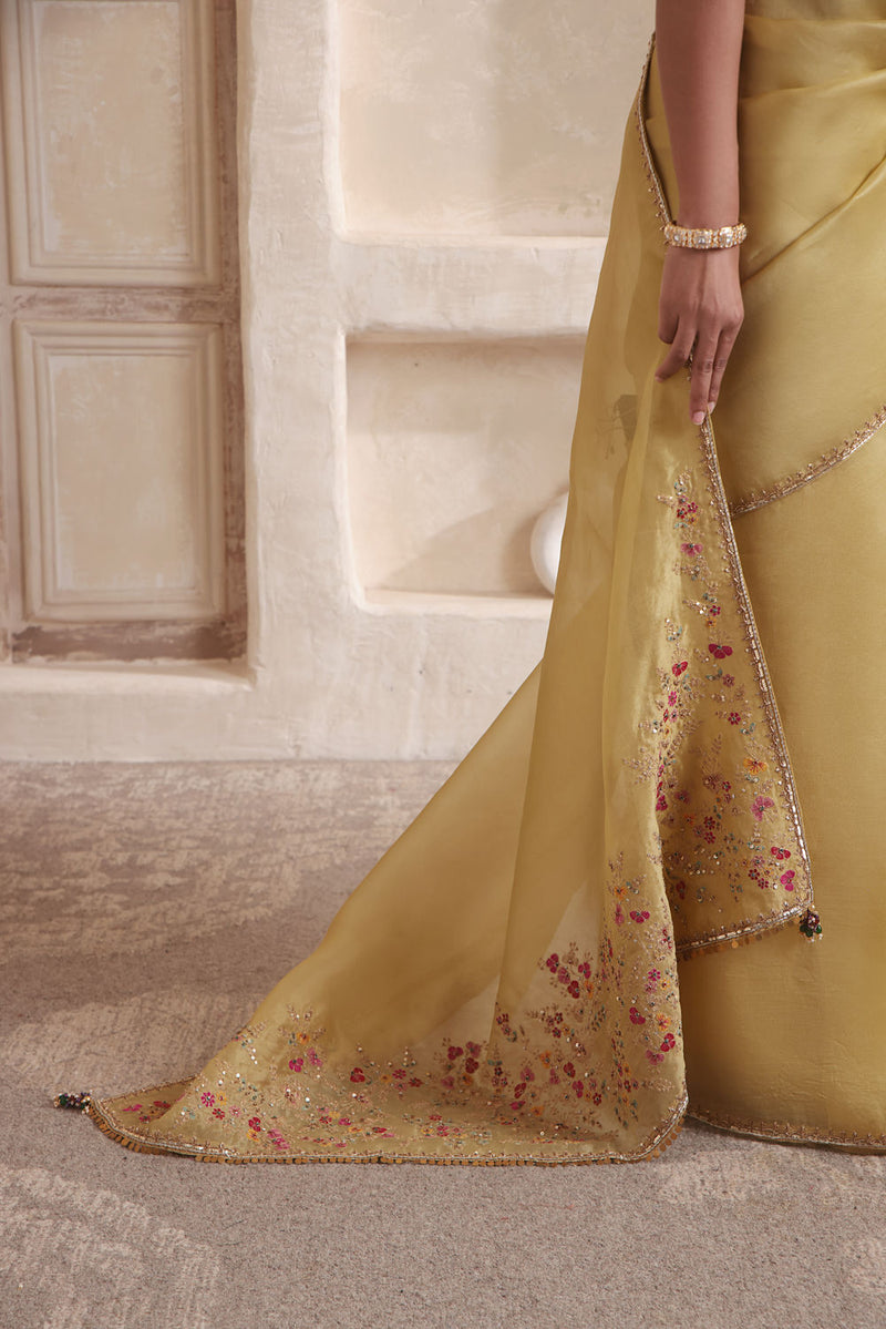 Zar-Rang Olive Green Multicolor Resham Saree Set