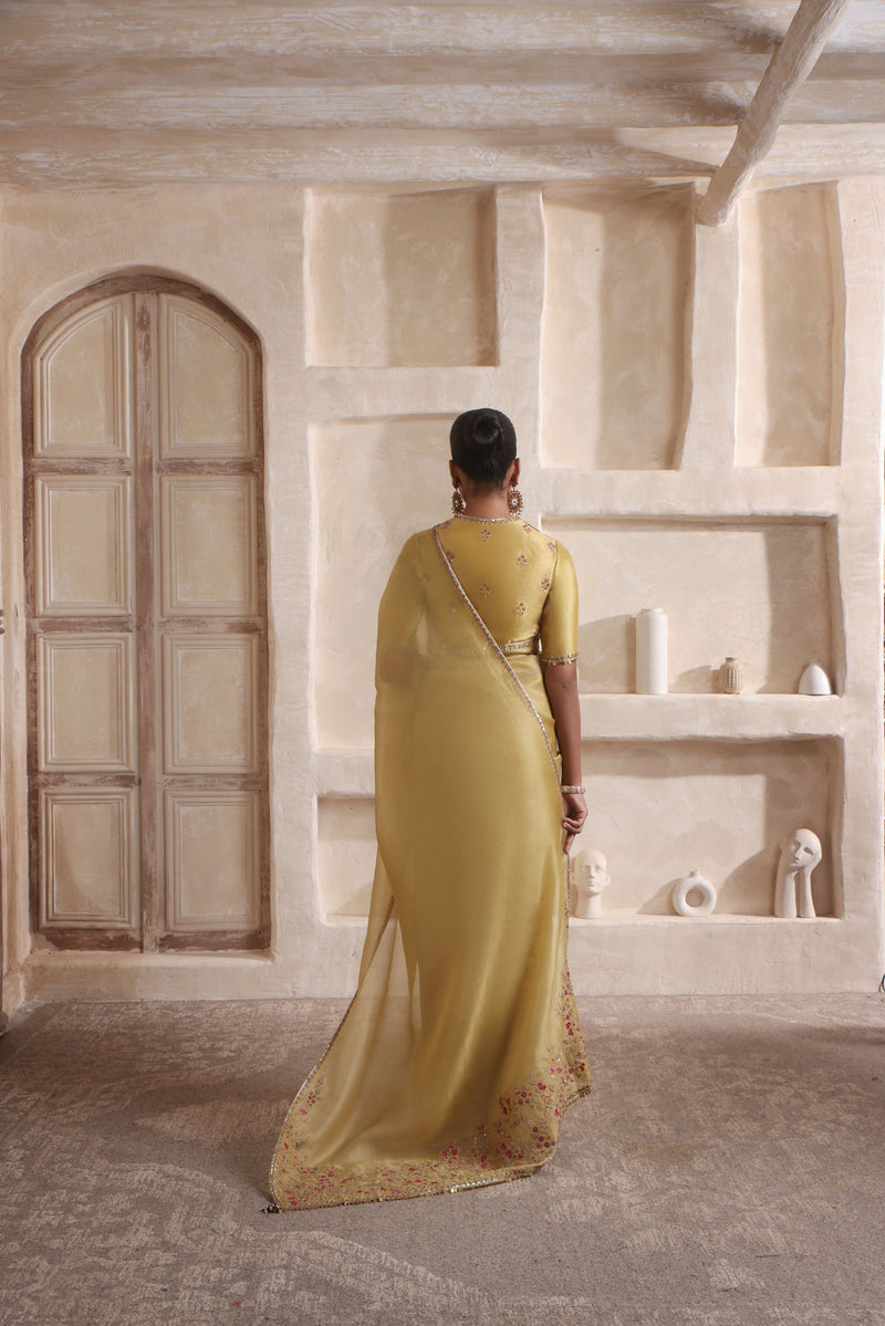 Zar-Rang Olive Green Multicolor Resham Saree Set