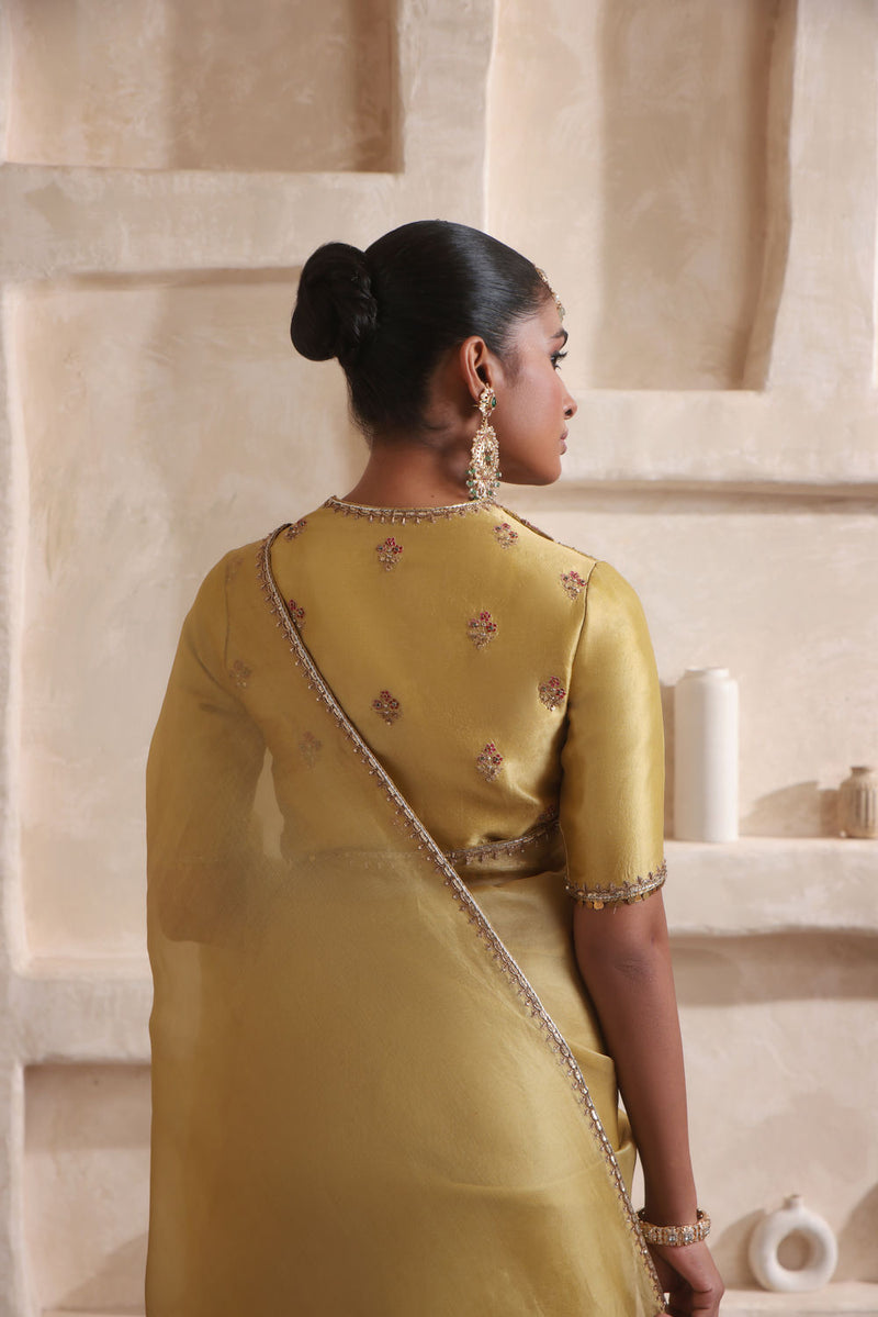 Zar-Rang Olive Green Multicolor Resham Saree Set