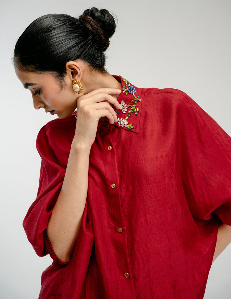 Borrowed Time Set mulberry silk co-ord set by Ode to Odd in red for women Worldwide