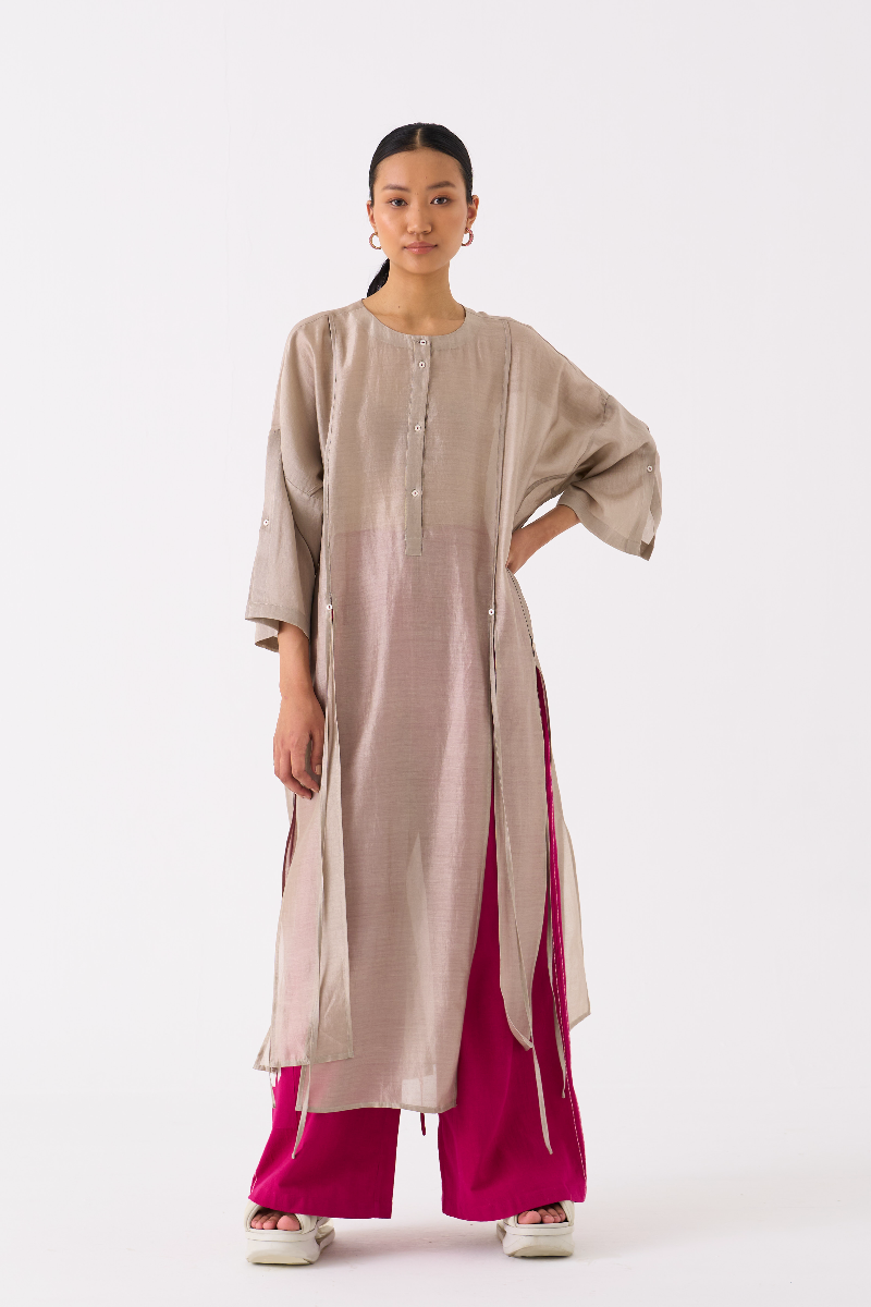 PANELLED TUNIC-ASH GREY chanderi by THREE in grey color for women Worldwide