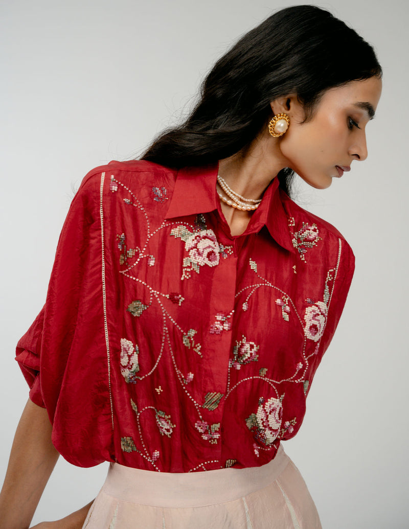 Forgotten Bloom Shirt mulberry silk top/shirt by Ode to Odd in red for women Worldwide