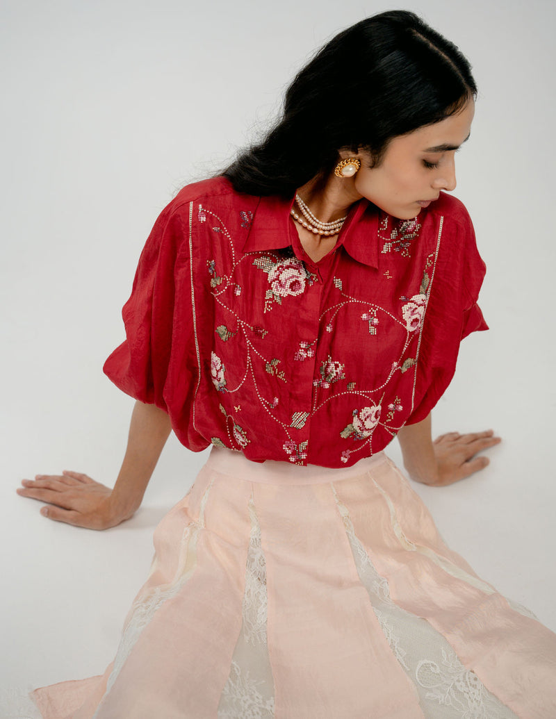 Forgotten Bloom Shirt mulberry silk top/shirt by Ode to Odd in red for women Worldwide