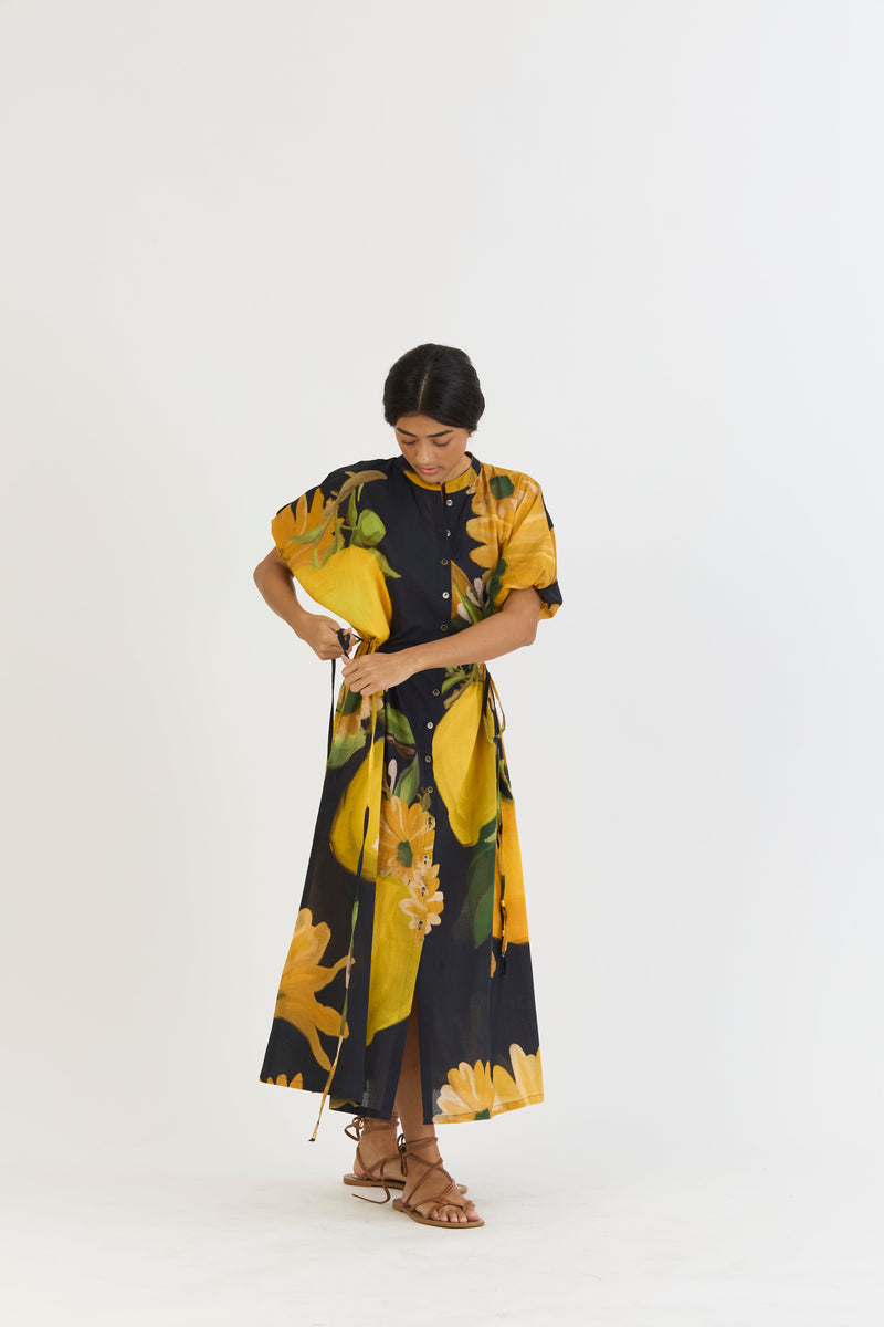 POMELLO SIDE TIE UP DRESS cotton by Yam in yellow color for women Worldwide