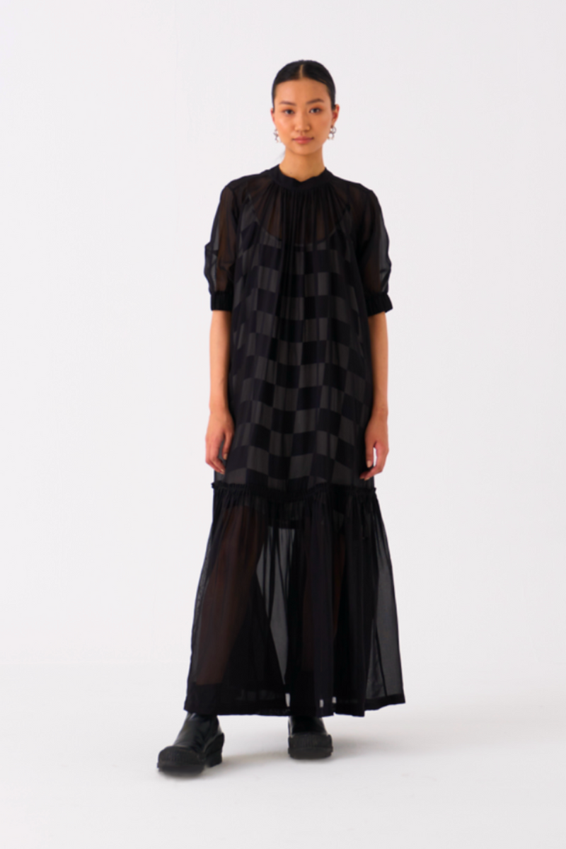 SHEER BOTTOM FRILL DRESS
-BLACK organza by THREE in black color for women Worldwide