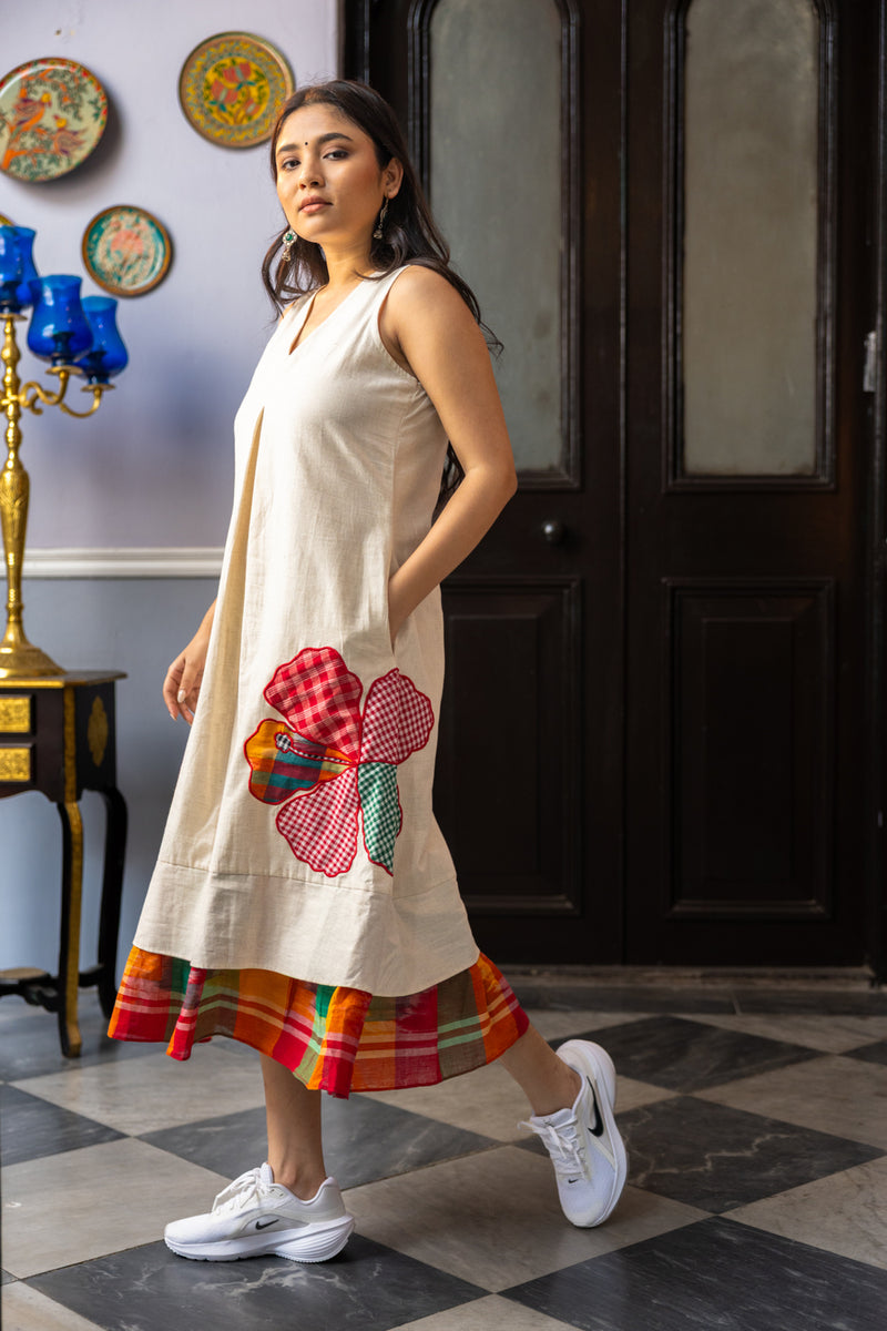Sienna Dress cotton,gamcha dress by 145 East in white,multi-color for women Worldwide
