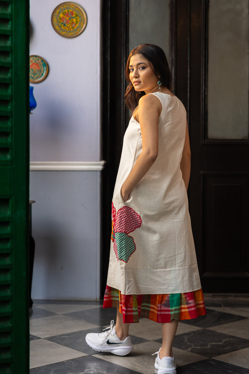 Sienna Dress cotton,gamcha dress by 145 East in white,multi-color for women Worldwide