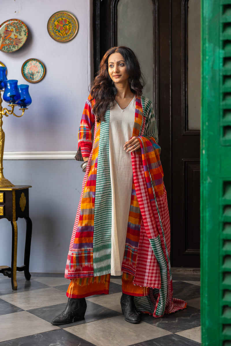 Noma Dress+Palazzo+Dupatta Set cotton,gamcha co-ord set by 145 East in white,multi-color for women Worldwide