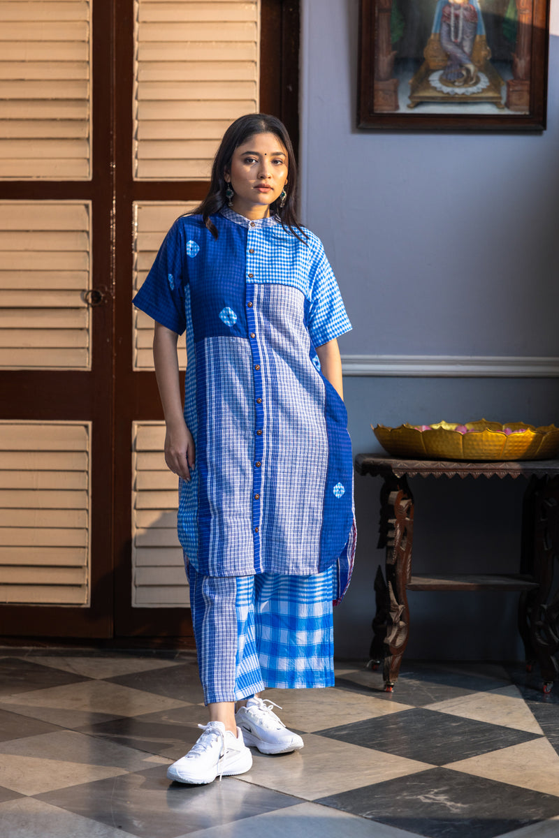 Kaleido Dress+Palazzo Set gamcha co-ord set by 145 East in blue for women Worldwide