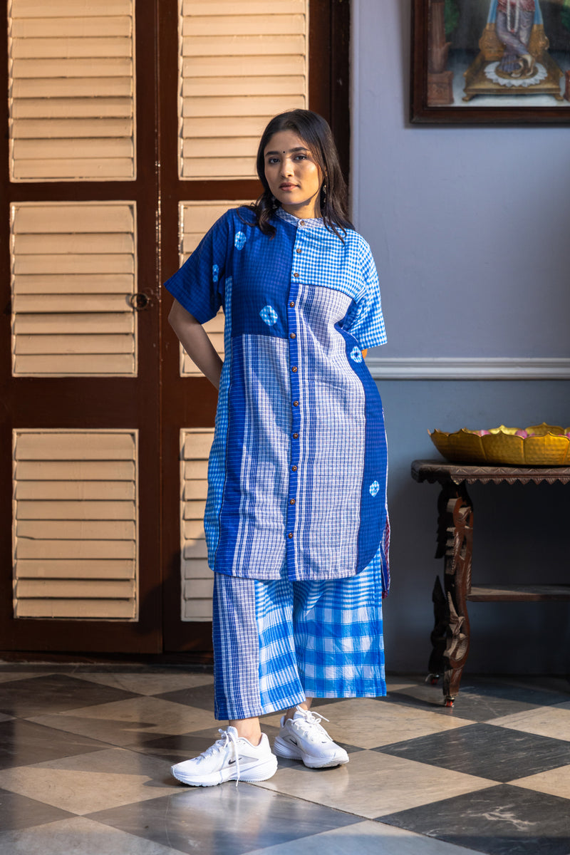 Kaleido Dress+Palazzo Set gamcha co-ord set by 145 East in blue for women Worldwide