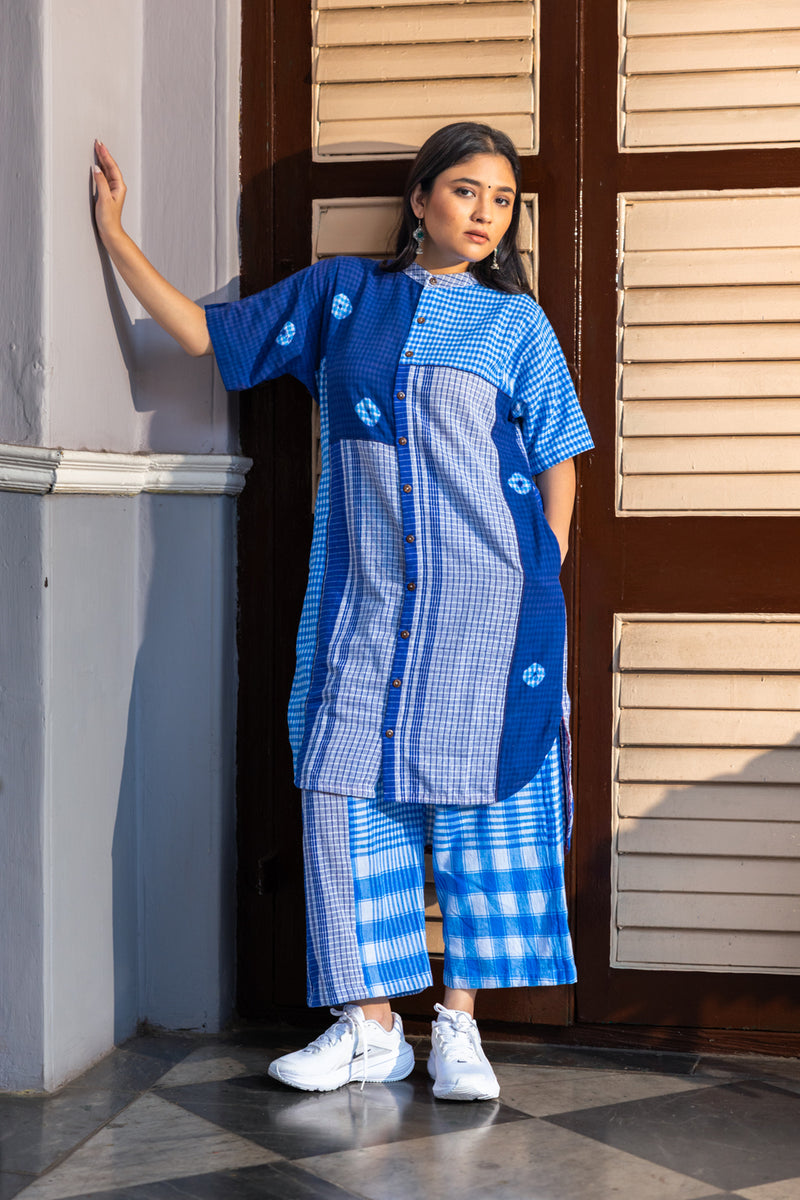 Kaleido Dress+Palazzo Set gamcha co-ord set by 145 East in blue for women Worldwide