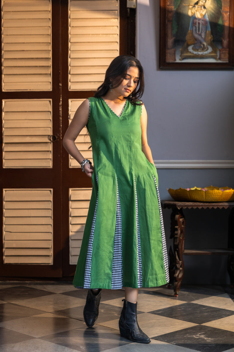 Sage Dress cotton,gamcha dress by 145 East in green,black for women Worldwide