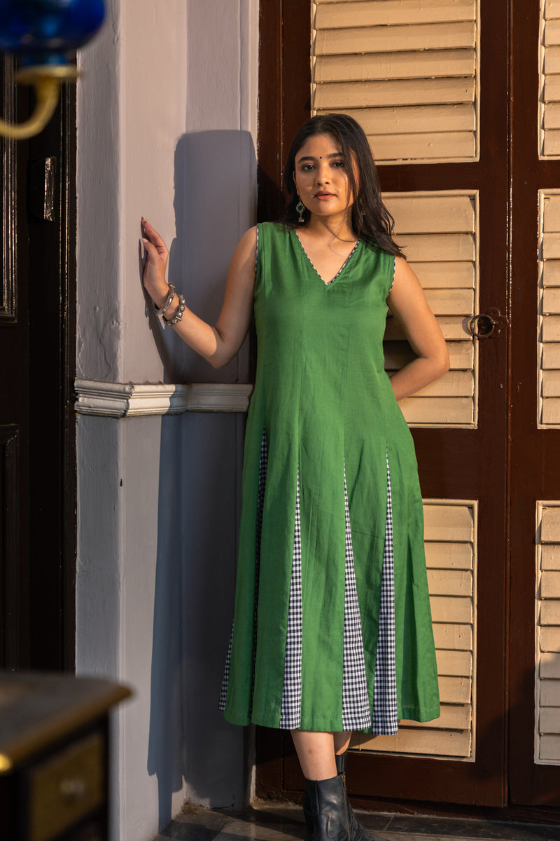 Sage Dress cotton,gamcha dress by 145 East in green,black for women Worldwide