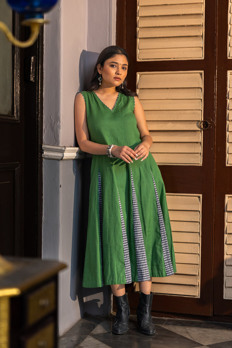 Sage Dress cotton,gamcha dress by 145 East in green,black for women Worldwide