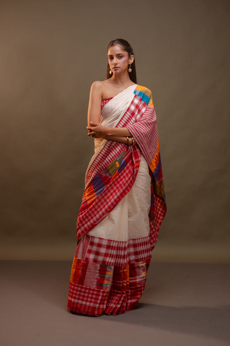 Serein Saree-Yellows & Reds cotton, gamcha saree by 145 East in red, white, multicolour for women Worldwide
