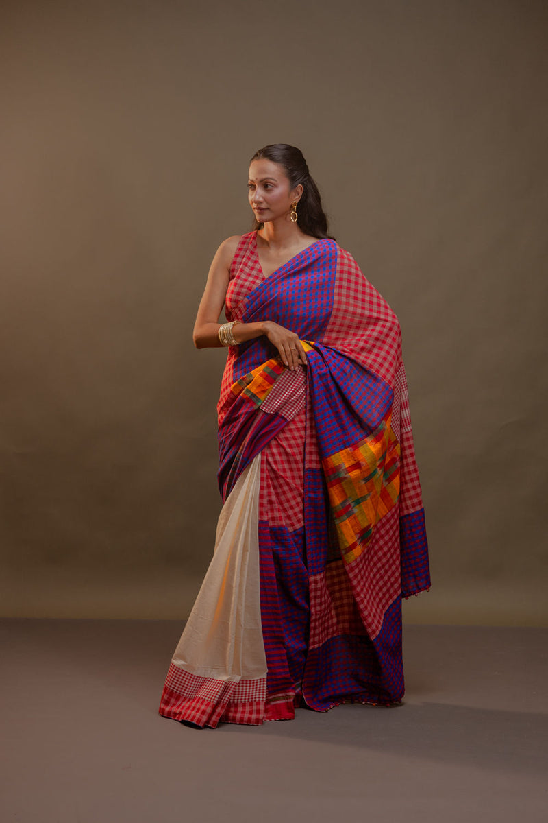 Vera Saree-Red & Purple cotton, gamcha saree by 145 East in red, white, purple for women Worldwide