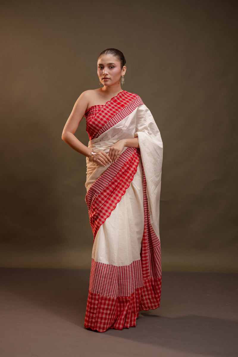 The Heirloom Saree-Red & White cotton, gamcha saree by 145 East in red, white for women Worldwide
