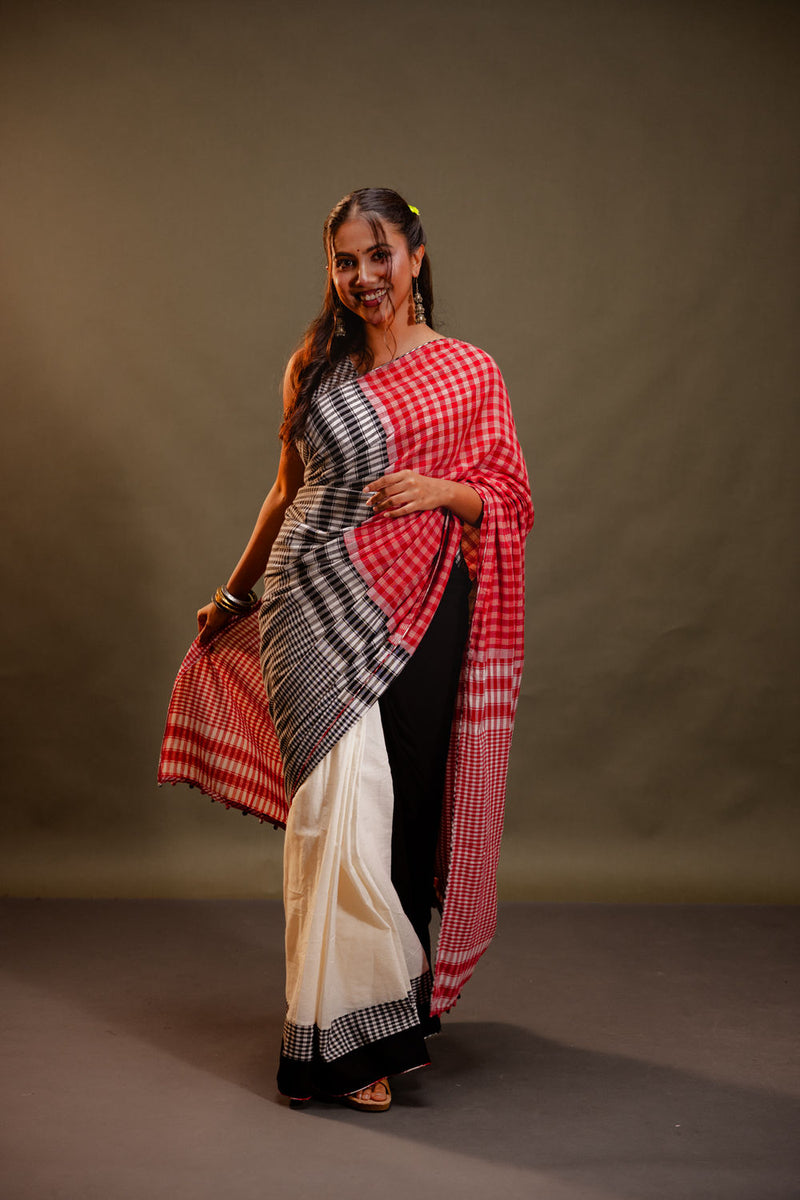 Dawn Saree-Red & Black Checkered cotton, gamcha saree by 145 East in red, black, white for women Worldwide
