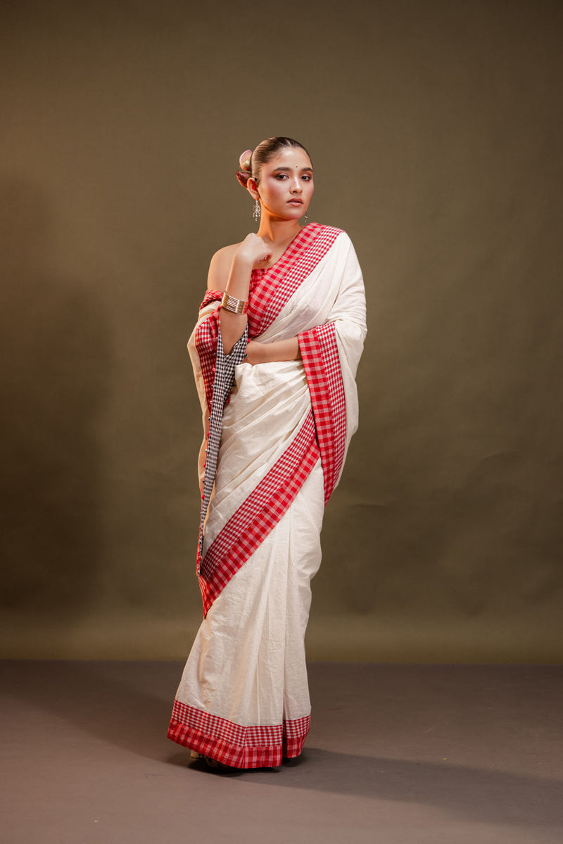 Hibiscus Reversible Saree cotton, gamcha saree by 145 East in red, black, white for women Worldwide