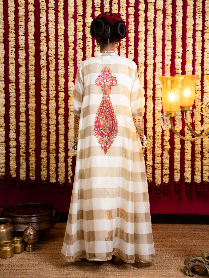 3 Pc Jacket, Inner & Pant Set-Offwhite / Gold chanderi silk indo-western by Sabo by Sabina in yellow for women Worldwide