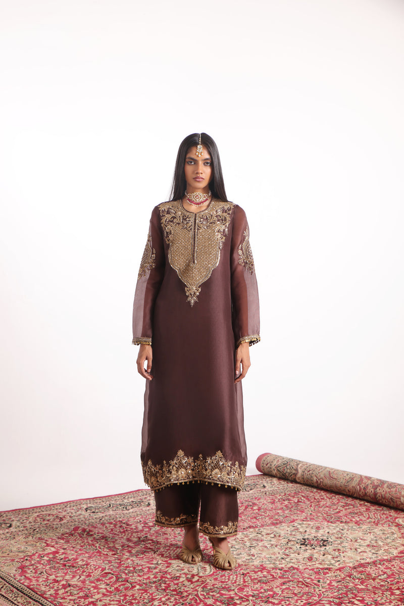 Zar-Rang Brown Straight Kurta Set organza, silk tencel kurta/kurta set by Niti Bothra in brown for women Worldwide