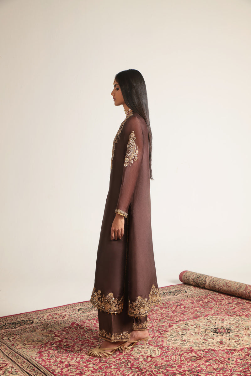 Zar-Rang Brown Straight Kurta Set organza, silk tencel kurta/kurta set by Niti Bothra in brown for women Worldwide