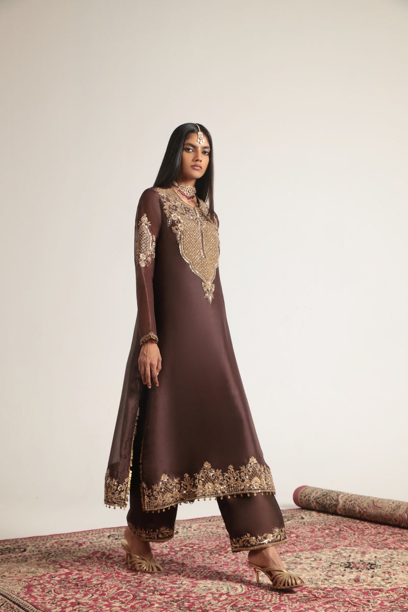 Zar-Rang Brown Straight Kurta Set organza, silk tencel kurta/kurta set by Niti Bothra in brown for women Worldwide