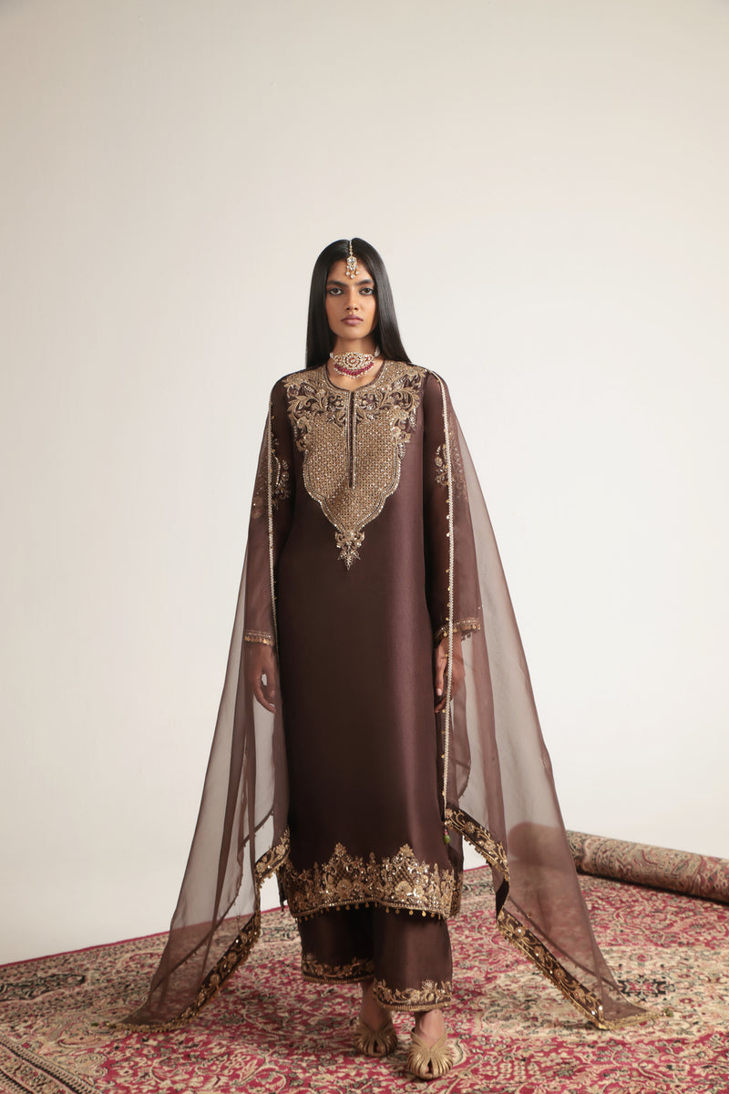 Zar-Rang Brown Straight Kurta Set organza, silk tencel kurta/kurta set by Niti Bothra in brown for women Worldwide