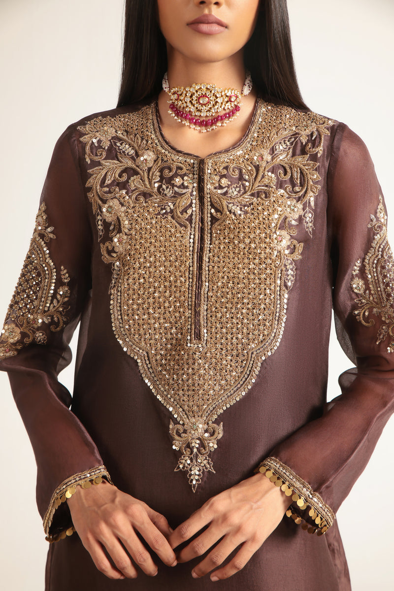 Zar-Rang Brown Straight Kurta Set organza, silk tencel kurta/kurta set by Niti Bothra in brown for women Worldwide