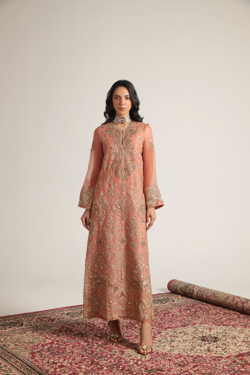 Zar-Rang Peach Heavy Jaal Kaftan Set organza kurta/kurta set by Niti Bothra in peach for women Worldwide