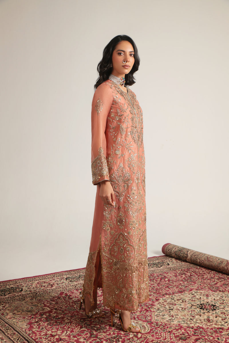 Zar-Rang Peach Heavy Jaal Kaftan Set organza kurta/kurta set by Niti Bothra in peach for women Worldwide