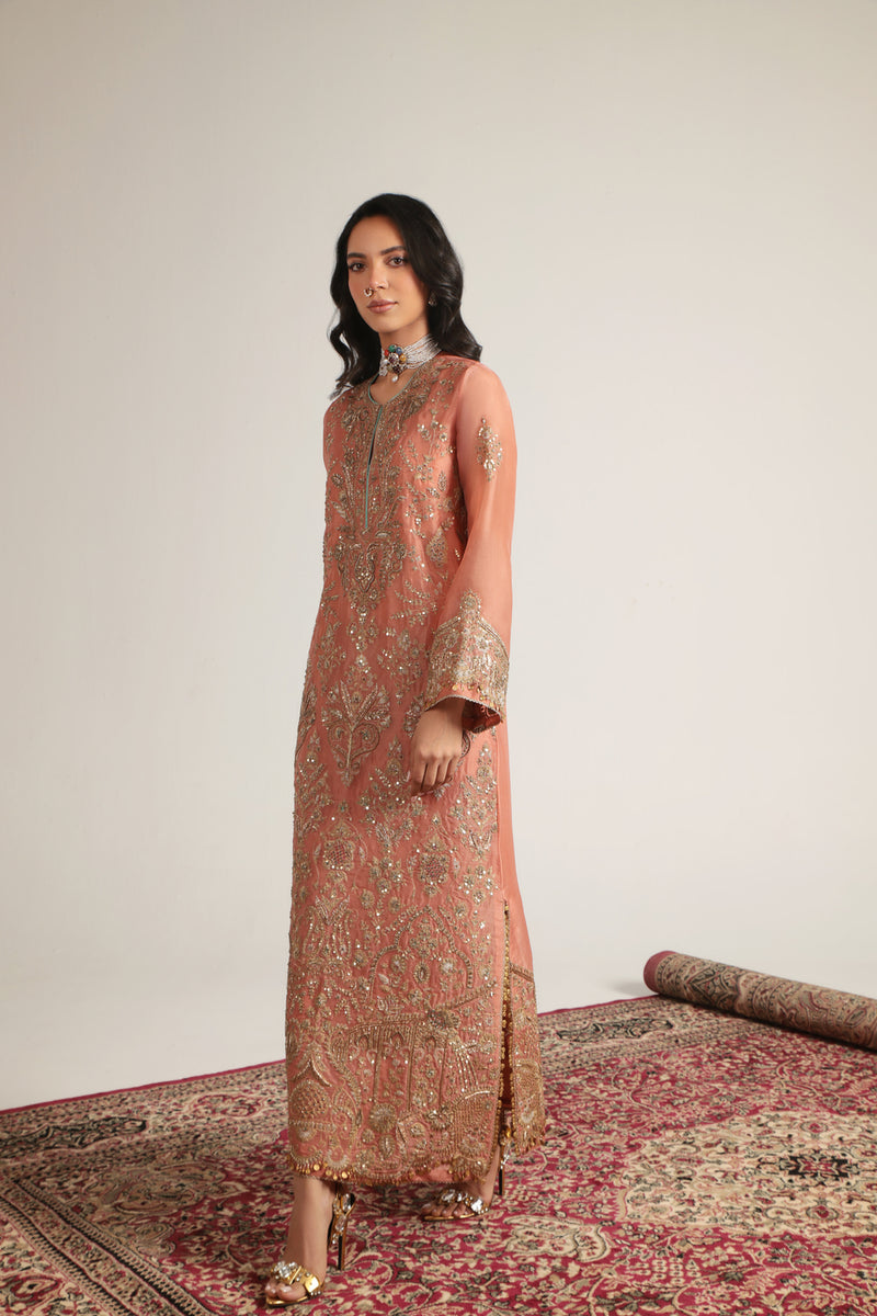 Zar-Rang Peach Heavy Jaal Kaftan Set organza kurta/kurta set by Niti Bothra in peach for women Worldwide