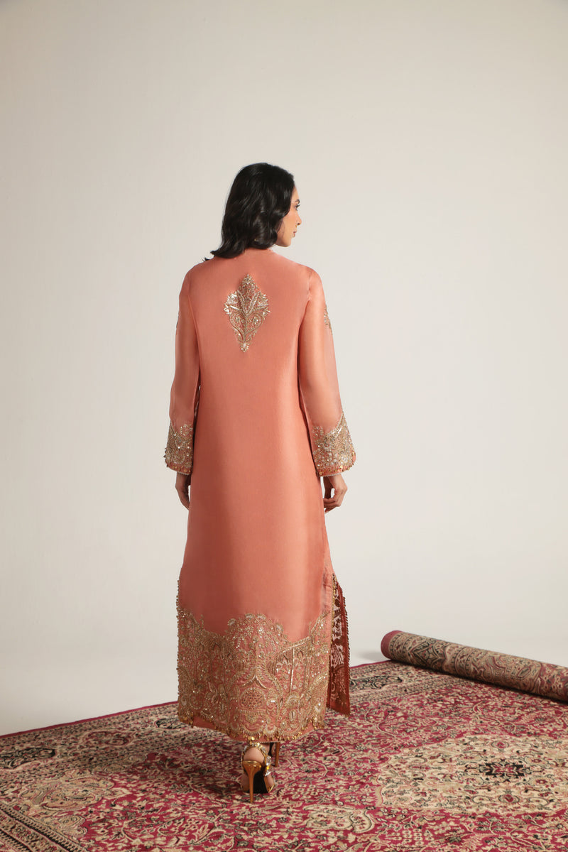 Zar-Rang Peach Heavy Jaal Kaftan Set organza kurta/kurta set by Niti Bothra in peach for women Worldwide