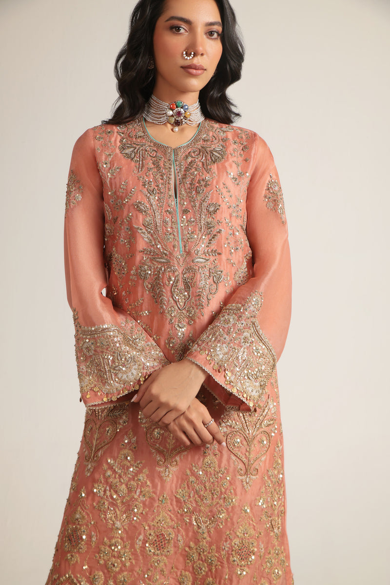 Zar-Rang Peach Heavy Jaal Kaftan Set organza kurta/kurta set by Niti Bothra in peach for women Worldwide