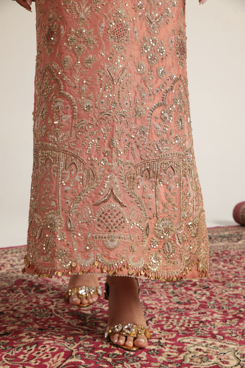 Zar-Rang Peach Heavy Jaal Kaftan Set organza kurta/kurta set by Niti Bothra in peach for women Worldwide