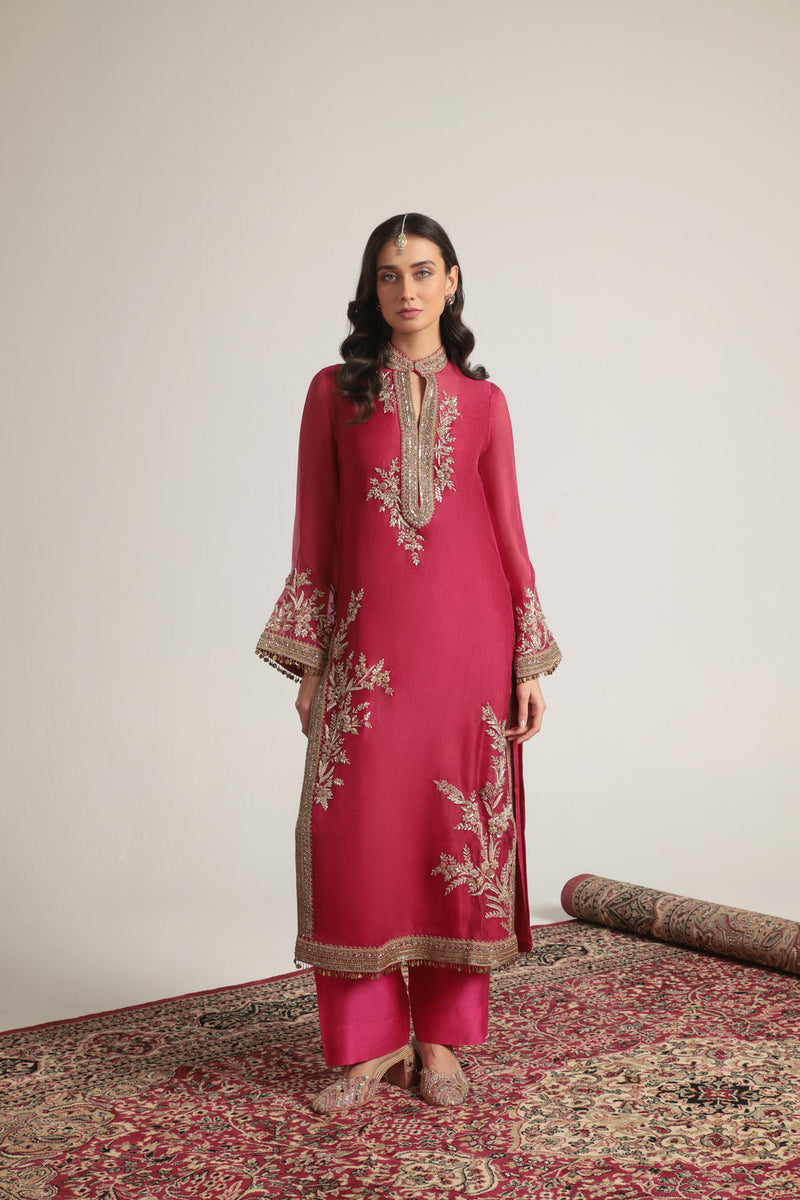 Zar-Rang Pink Jaal Kurta Set organza, silk tencel kurta/kurta set by Niti Bothra in pink for women Worldwide