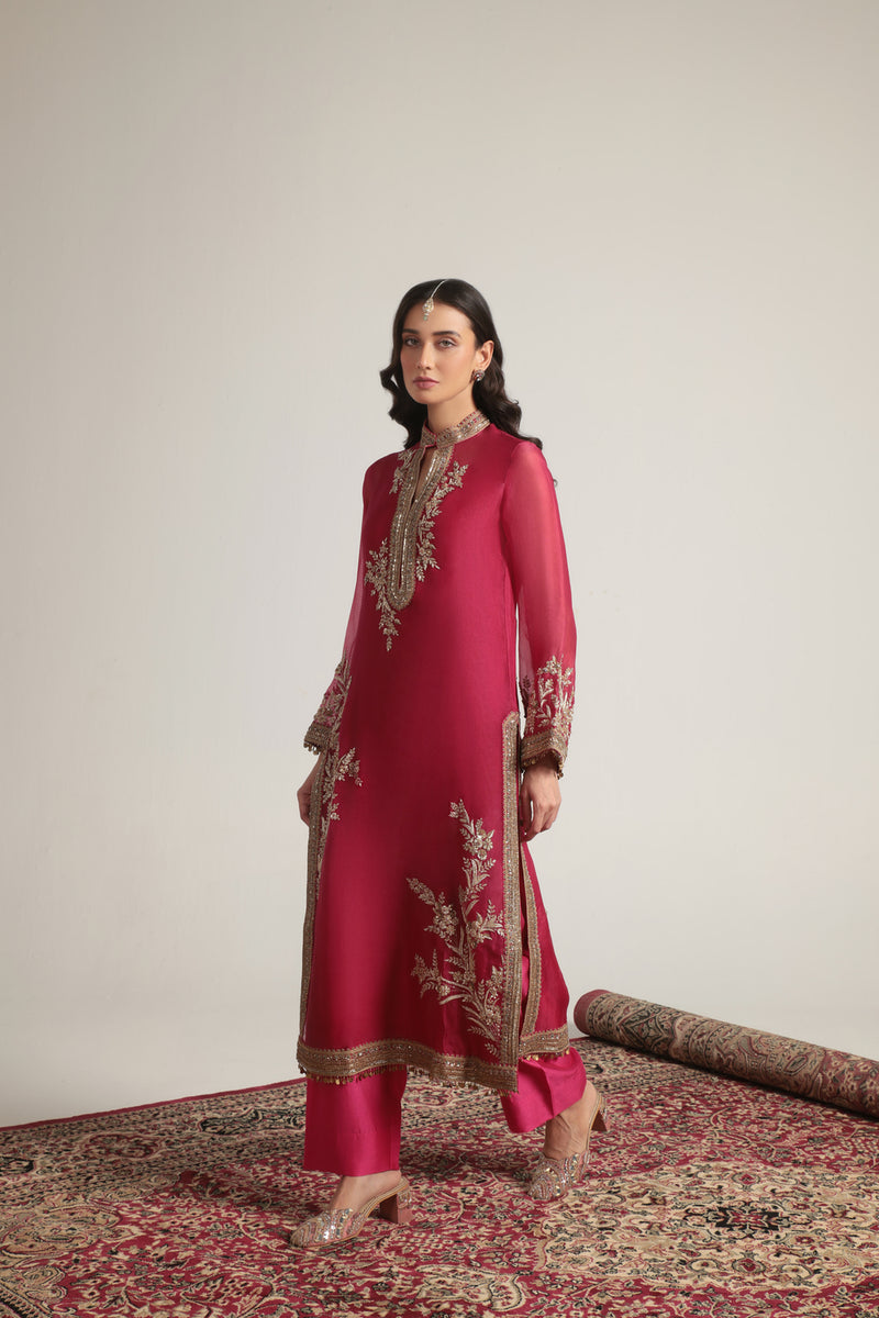 Zar-Rang Pink Jaal Kurta Set organza, silk tencel kurta/kurta set by Niti Bothra in pink for women Worldwide