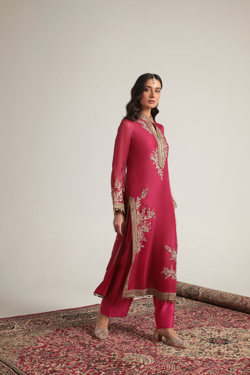 Zar-Rang Pink Jaal Kurta Set organza, silk tencel kurta/kurta set by Niti Bothra in pink for women Worldwide