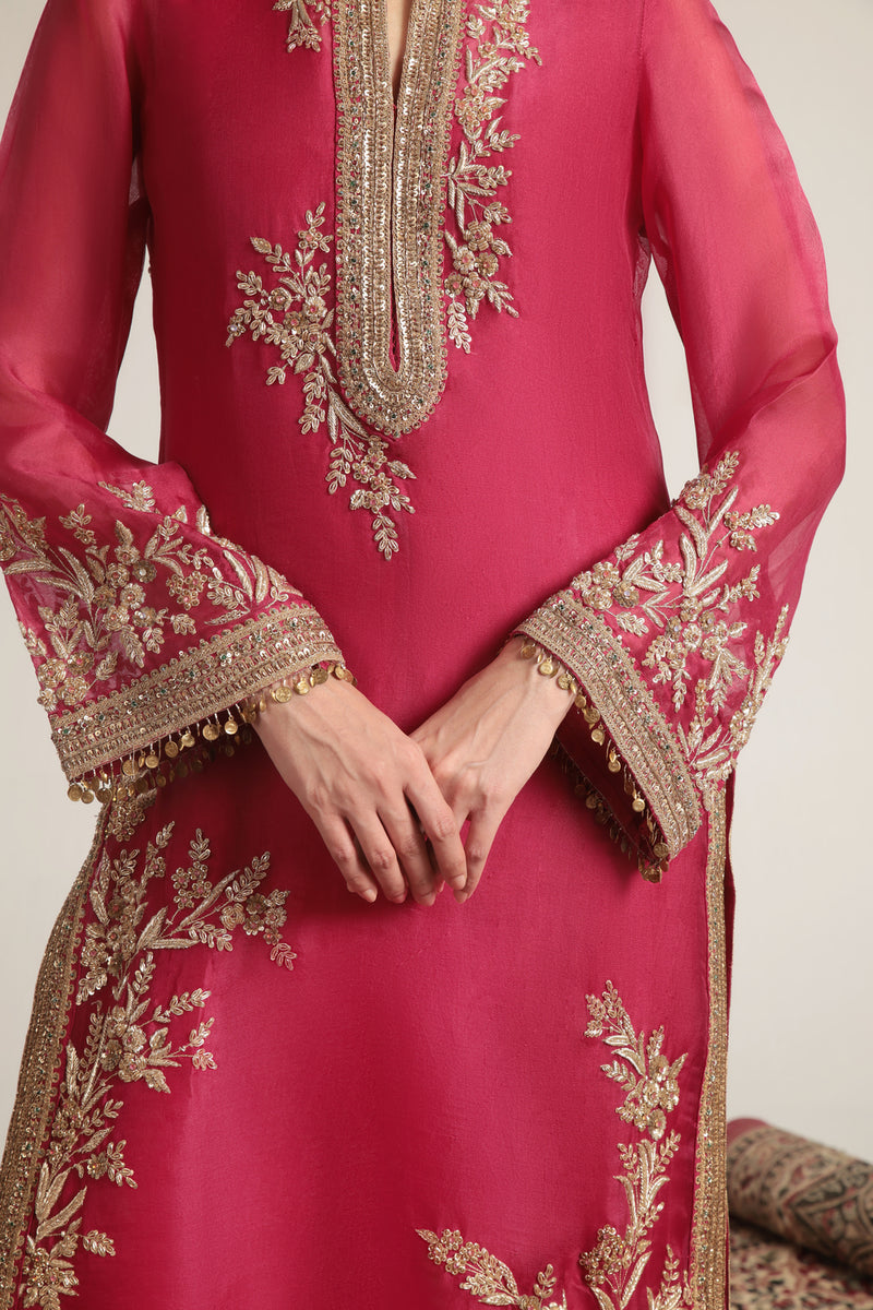 Zar-Rang Pink Jaal Kurta Set organza, silk tencel kurta/kurta set by Niti Bothra in pink for women Worldwide
