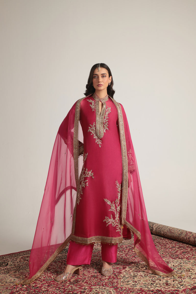 Zar-Rang Pink Jaal Kurta Set organza, silk tencel kurta/kurta set by Niti Bothra in pink for women Worldwide