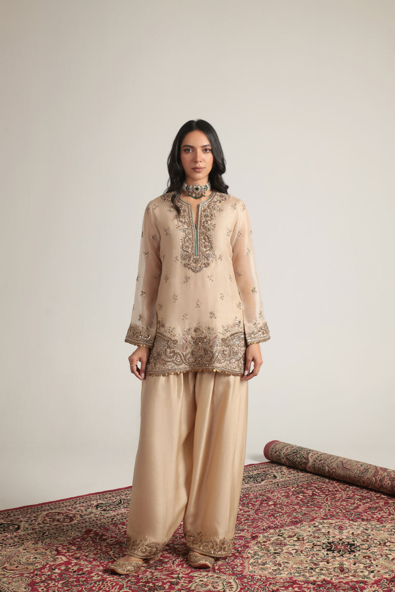 Zar-Rang Short Farshi Kurta Set organza, silk tencel kurta/kurta set by Niti Bothra in ivory for women Worldwide