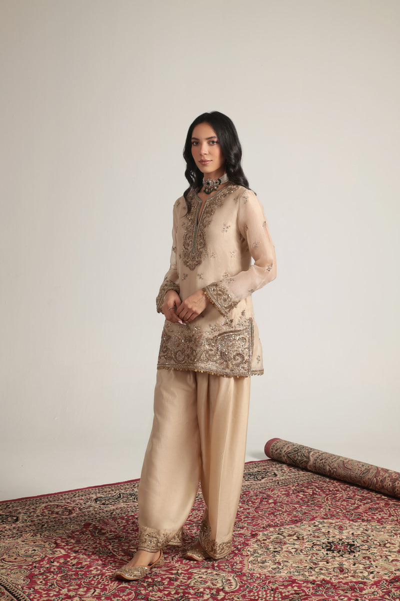 Zar-Rang Short Farshi Kurta Set organza, silk tencel kurta/kurta set by Niti Bothra in ivory for women Worldwide