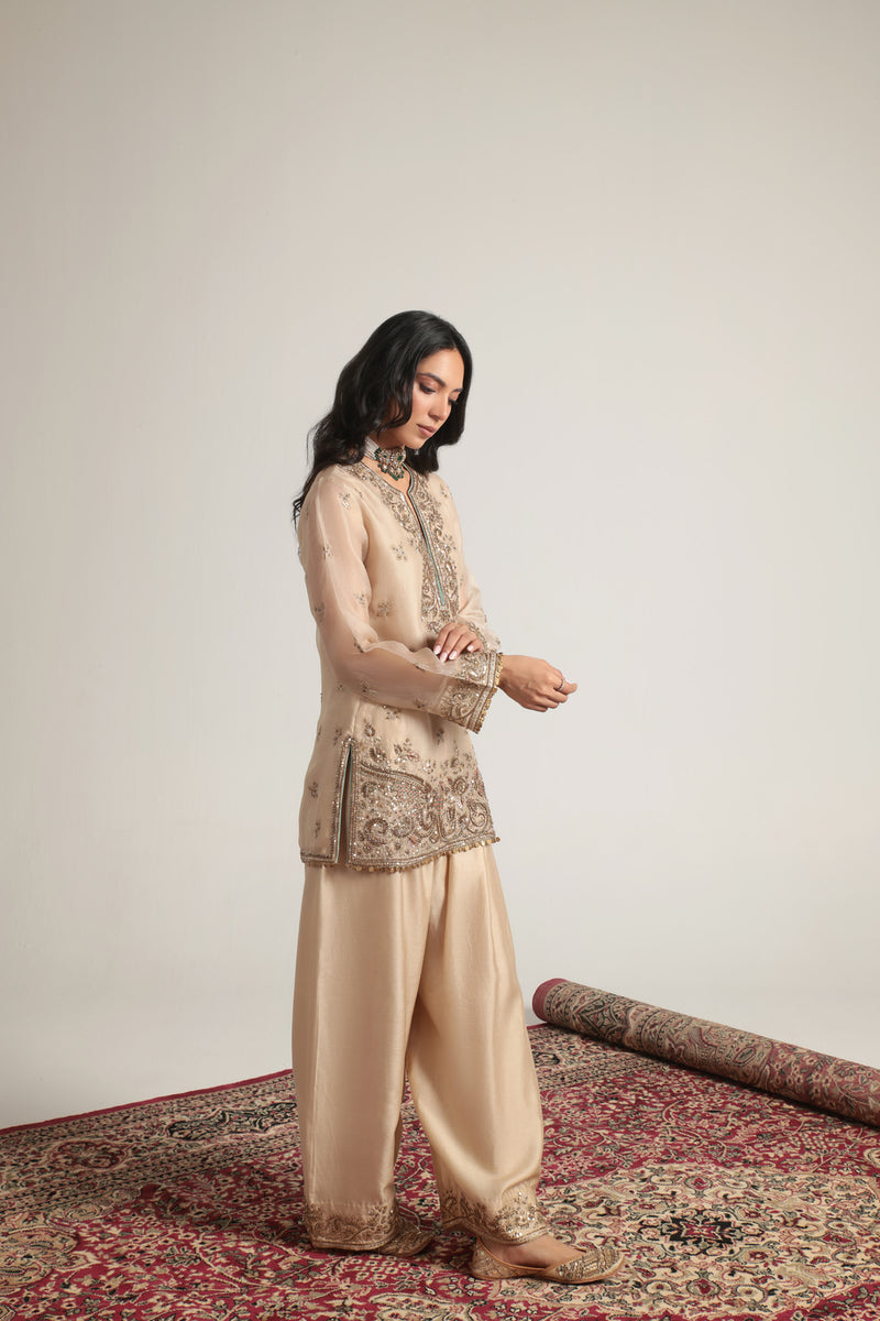 Zar-Rang Short Farshi Kurta Set organza, silk tencel kurta/kurta set by Niti Bothra in ivory for women Worldwide