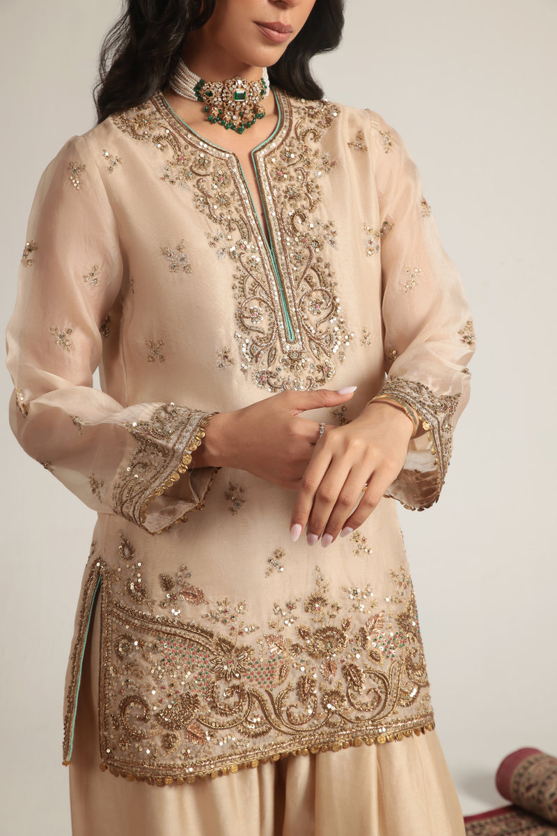 Zar-Rang Short Farshi Kurta Set organza, silk tencel kurta/kurta set by Niti Bothra in ivory for women Worldwide